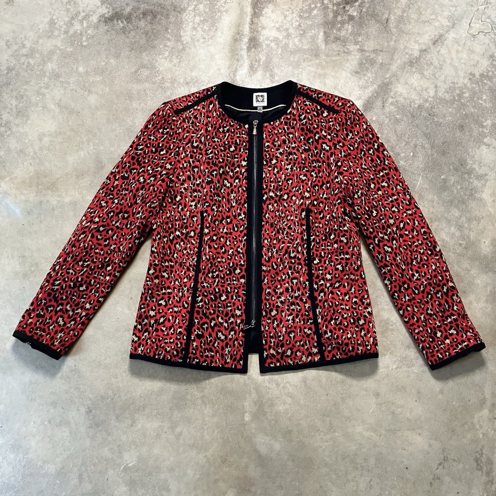 Anne Klein Blazer Size 12 Red Gold Leopard Print Ponte Knit Open Front Jacket